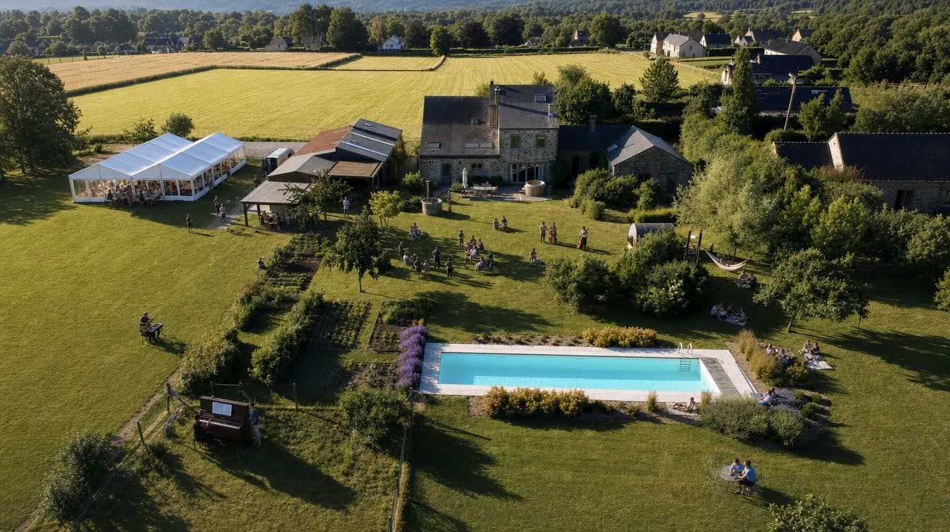 Le gîte du Champ du Coq à Gesves, vue aérienne avec la piscine
