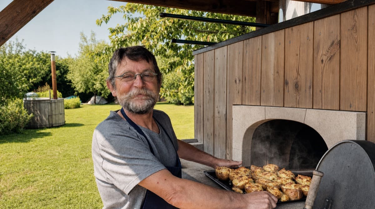 Le chef sort les plats du four au gîte du Champ du Coq