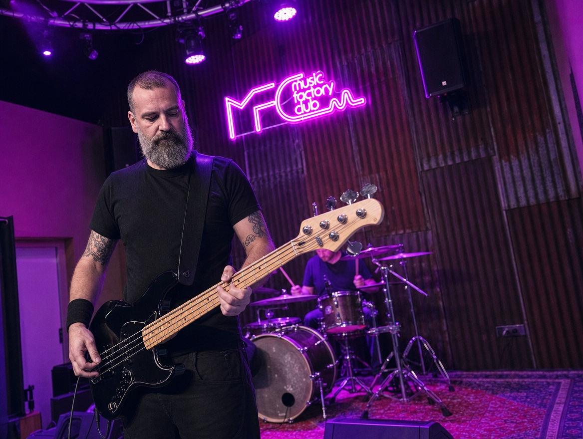 Bassiste en concert sur la scène du Music Factory Club