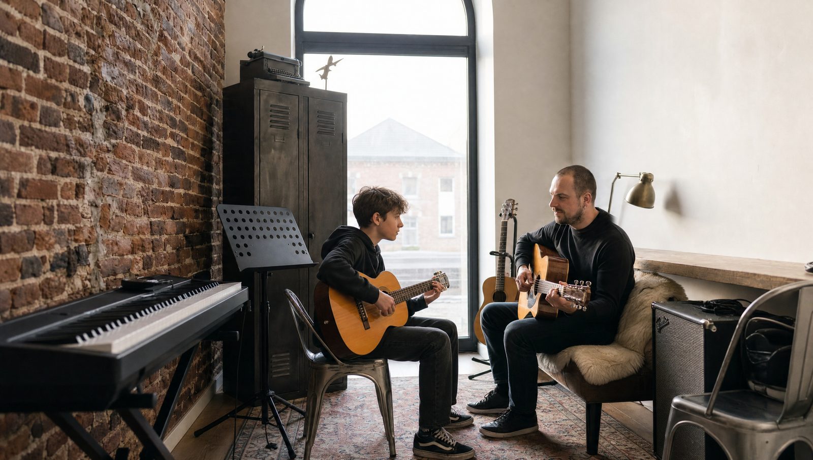 Thomas Vermeire donne un cours de guitare à un adolescent, salle briques apparentes de l'école Music Factory à Haversin