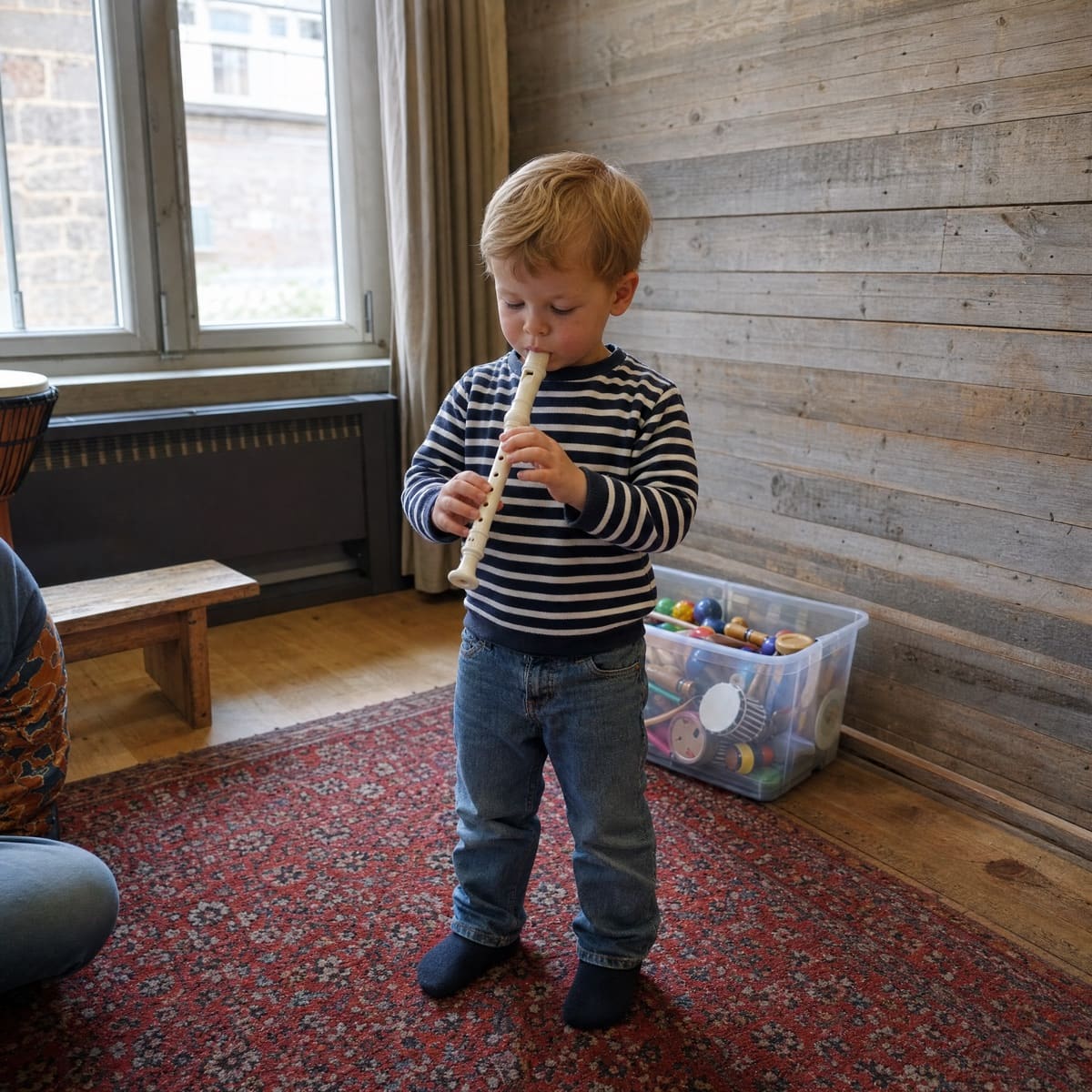 Un tout-petit joue de la flûte à bec pendant l'éveil musical