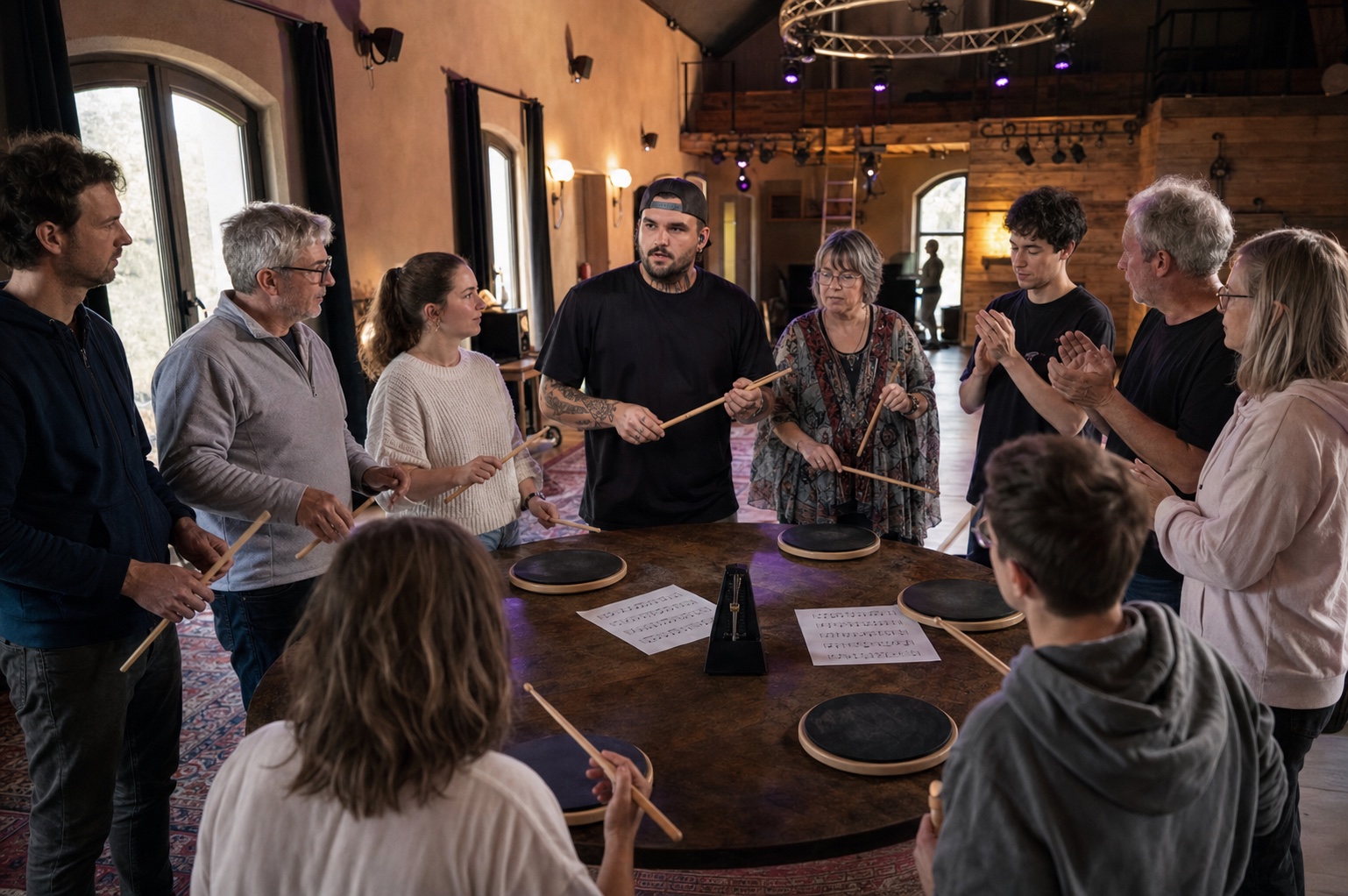 Illustration d'un cours de solfège rythmique avec Basile et ses élèves à Haversin
