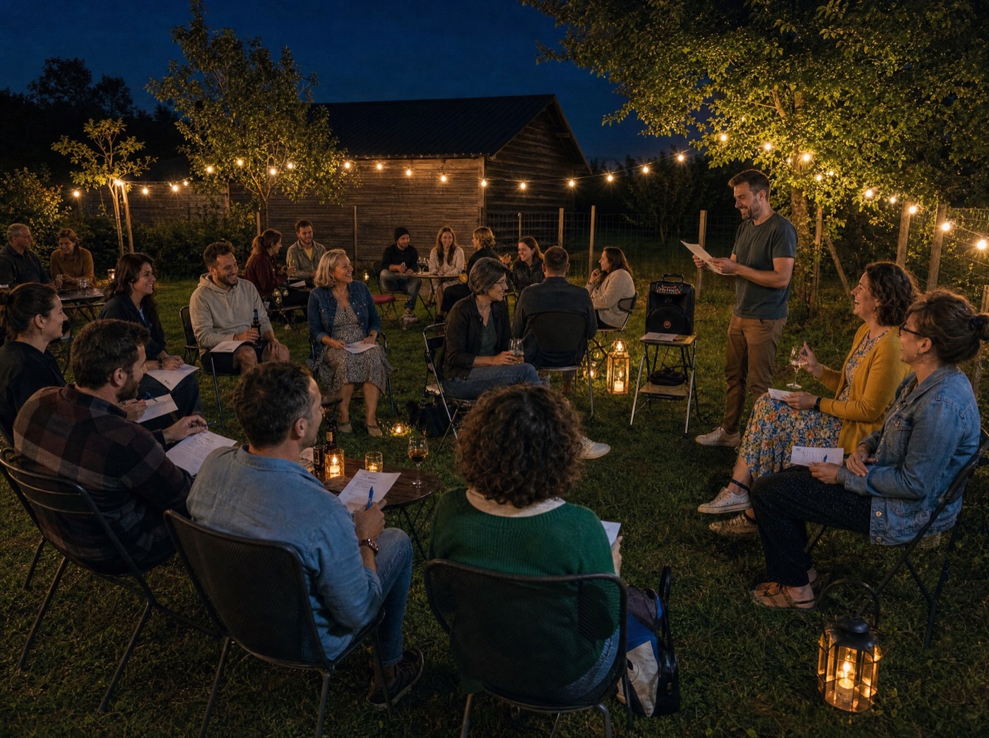 Blind test musical entre stagiaires dans le jardin du Champ du Coq, le soir sous les guirlandes