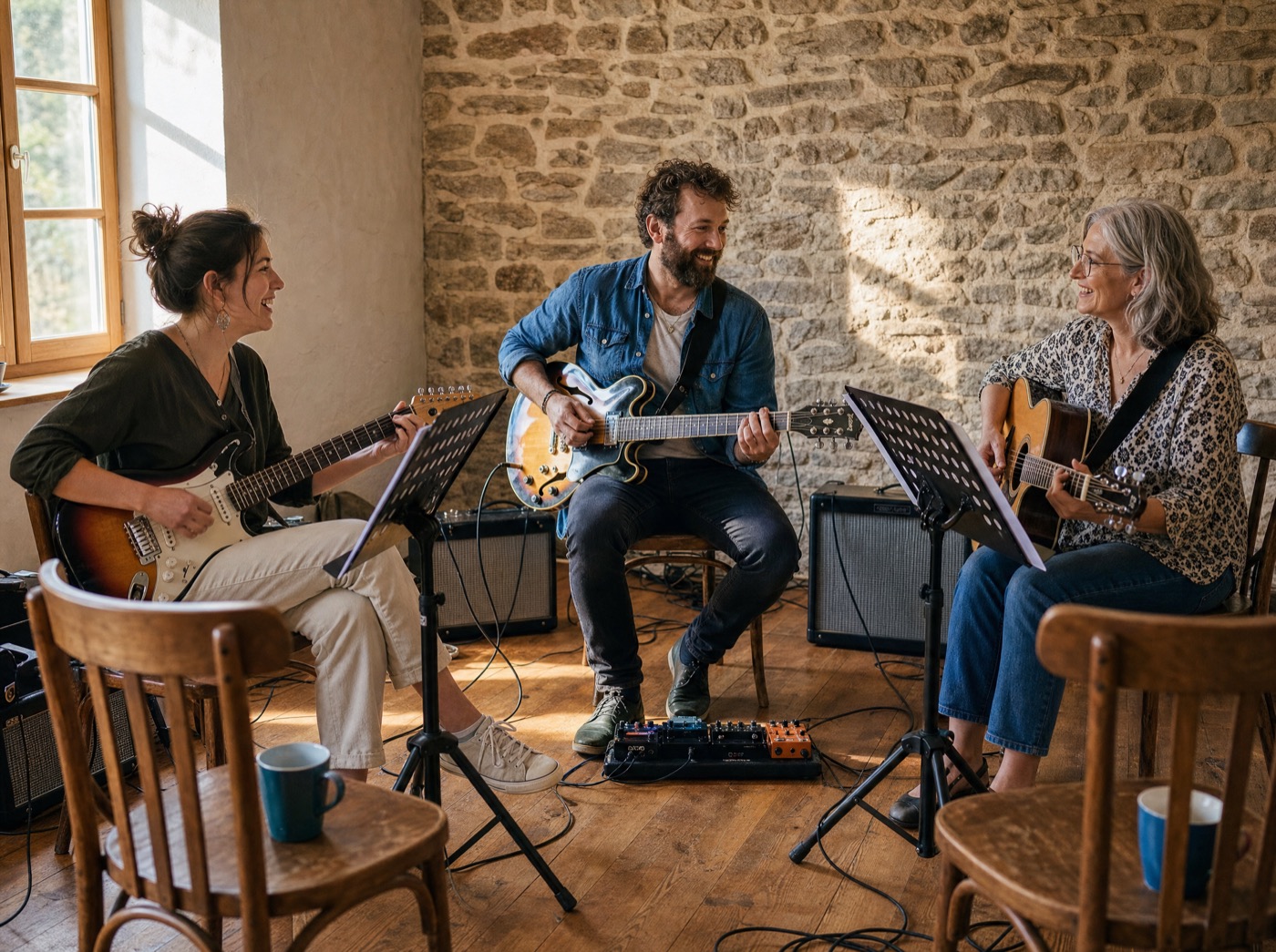 Cours de guitare du matin en petit groupe au gîte, tous âges mélangés