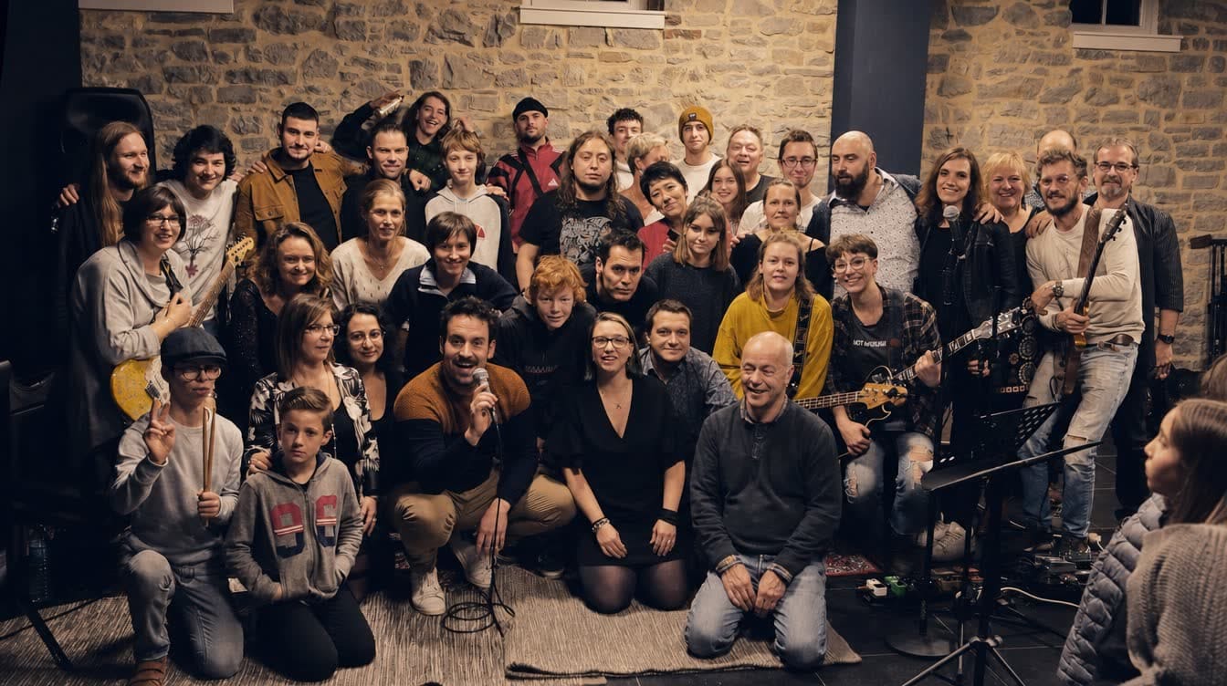 Photo de groupe des participants du stage adultes, instruments en main