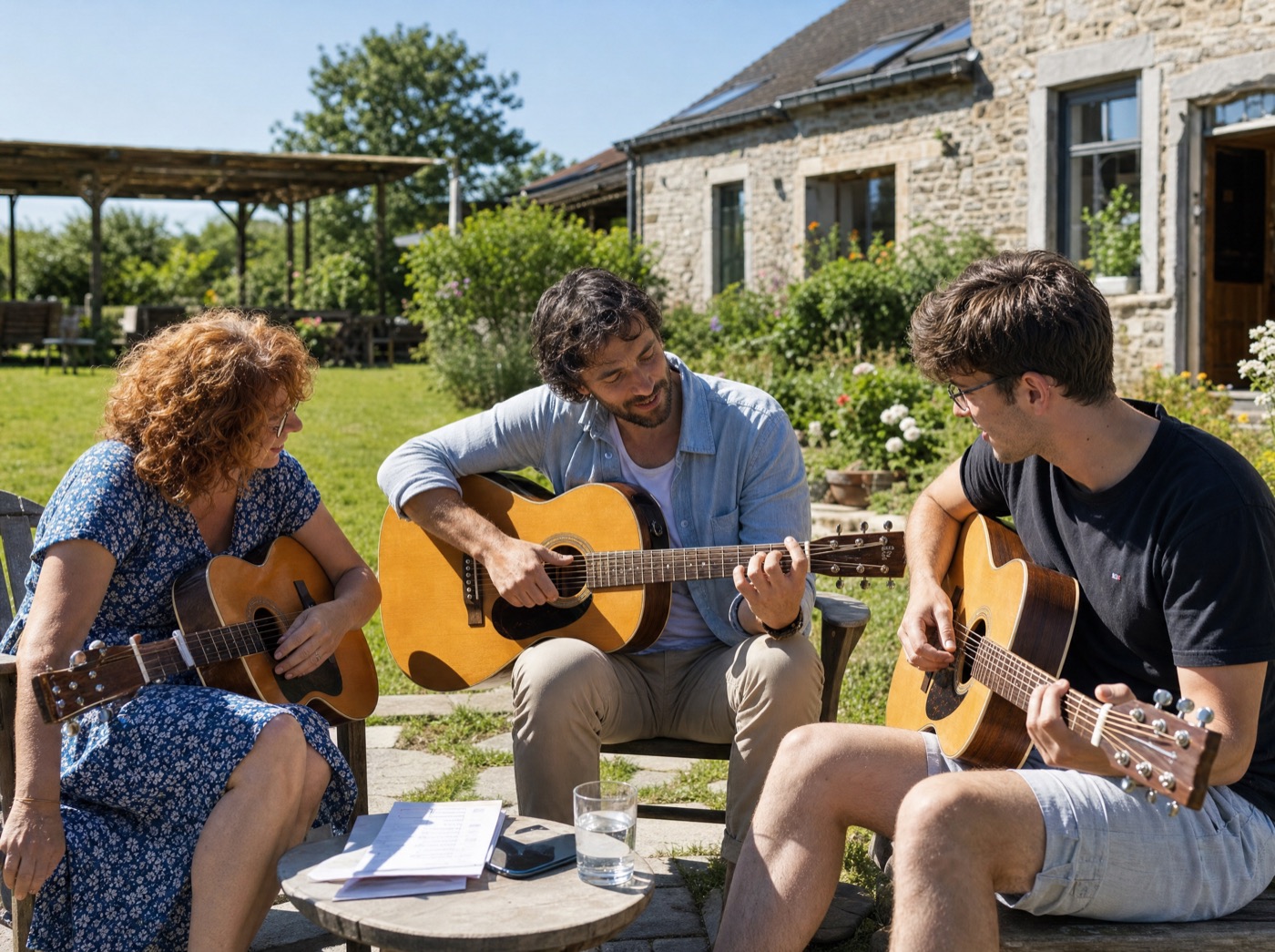 Initiation à la guitare sur la terrasse du gîte du Champ du Coq