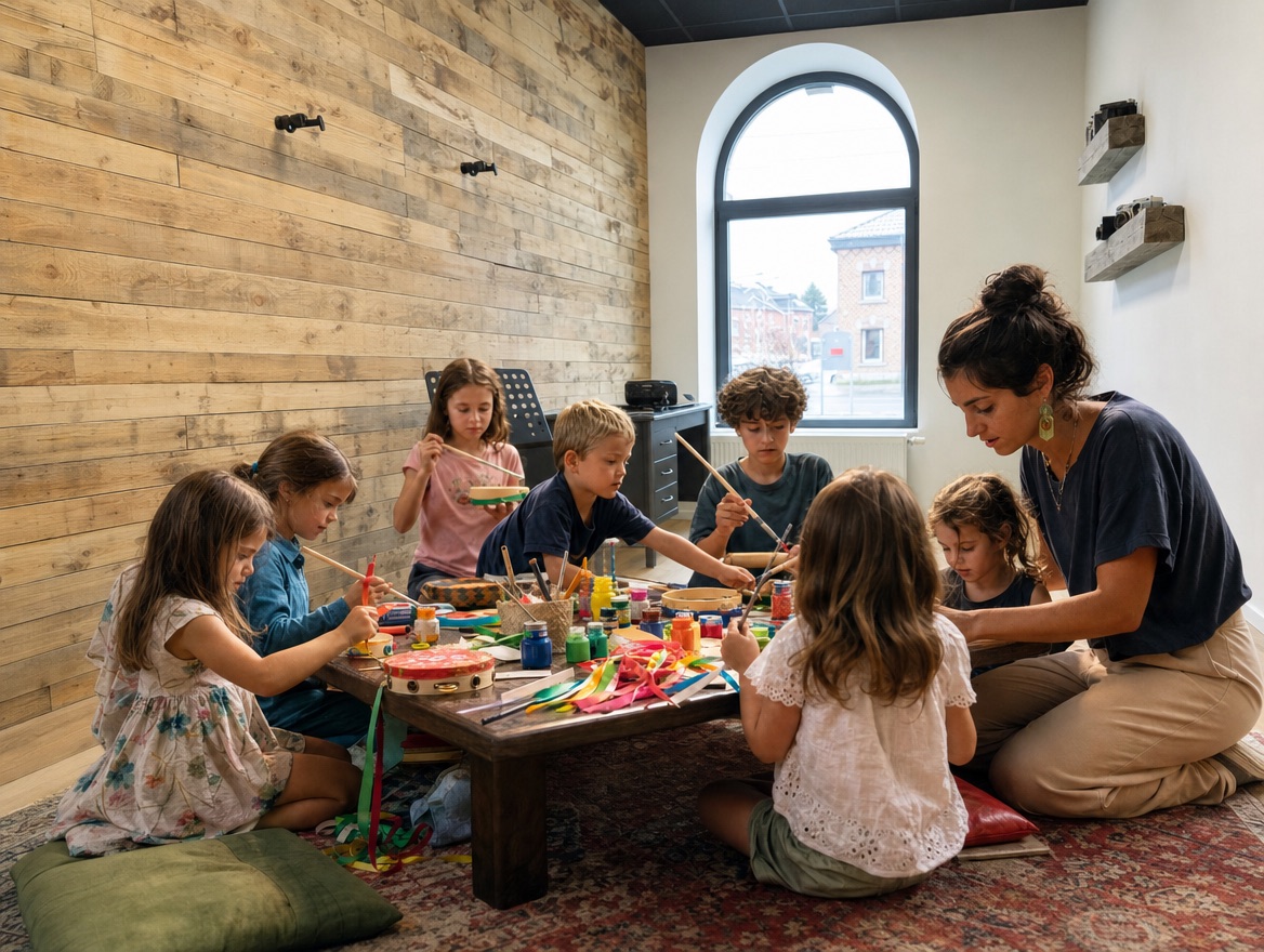 Des enfants fabriquent et décorent leurs instruments pendant un atelier créatif