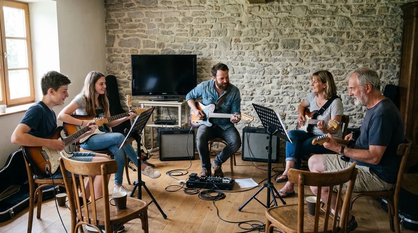 Plusieurs guitaristes jouent ensemble dans une salle de cours